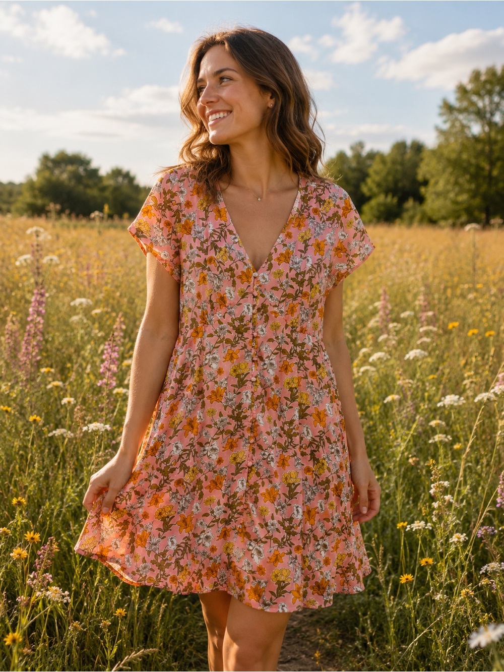 Cynthia Rowley Pink Floral V-Neck Mini Dress